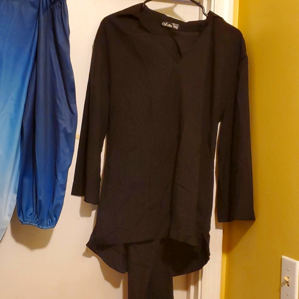 Black pant suit size L, Long Sleeved top, Pants -Elastic Waist, Thin Material.